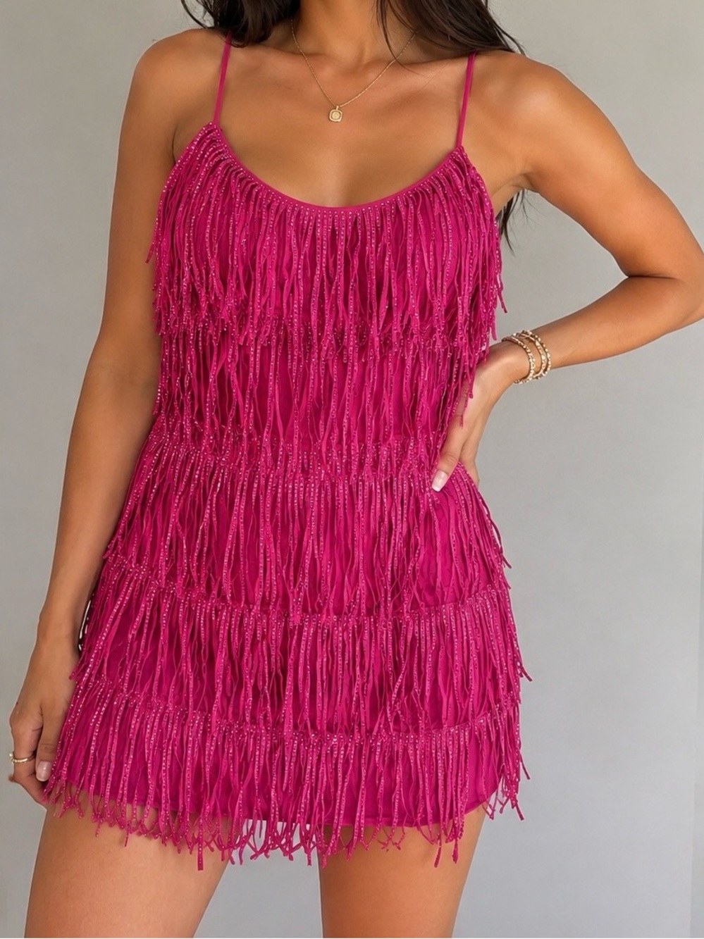 Fuchsia Fringe Spaghetti-Strap Mini Dress